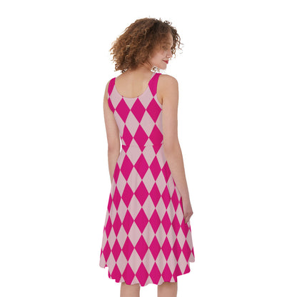 Pink Harlequin Pattern Print Women's Sleeveless Dress