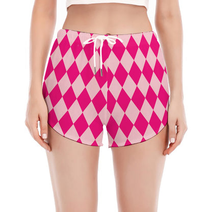 Pink Harlequin Pattern Print Women's Split Running Shorts