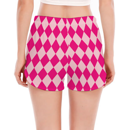 Pink Harlequin Pattern Print Women's Split Running Shorts