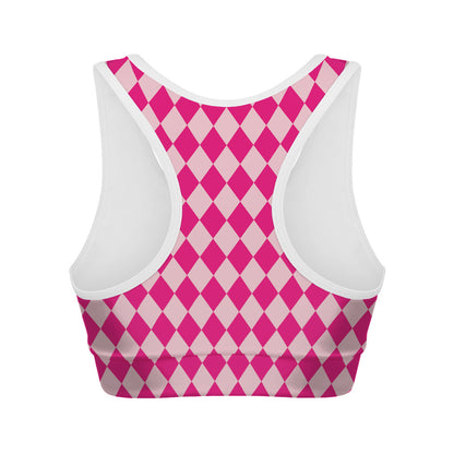 Pink Harlequin Pattern Print Women's Sports Bra