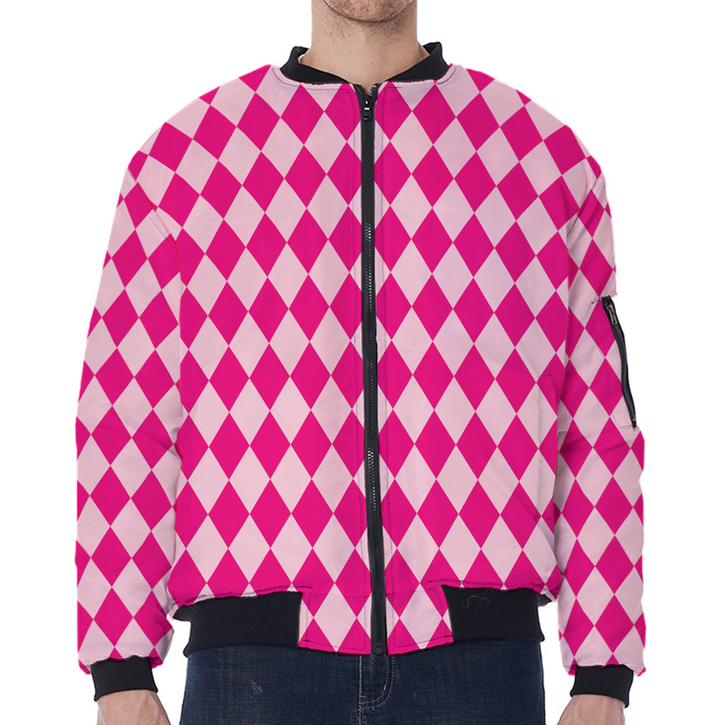 Pink Harlequin Pattern Print Zip Sleeve Bomber Jacket