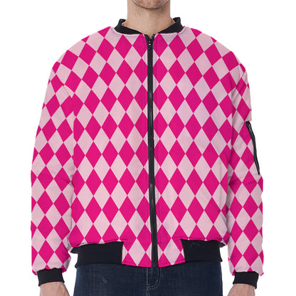 Pink Harlequin Pattern Print Zip Sleeve Bomber Jacket