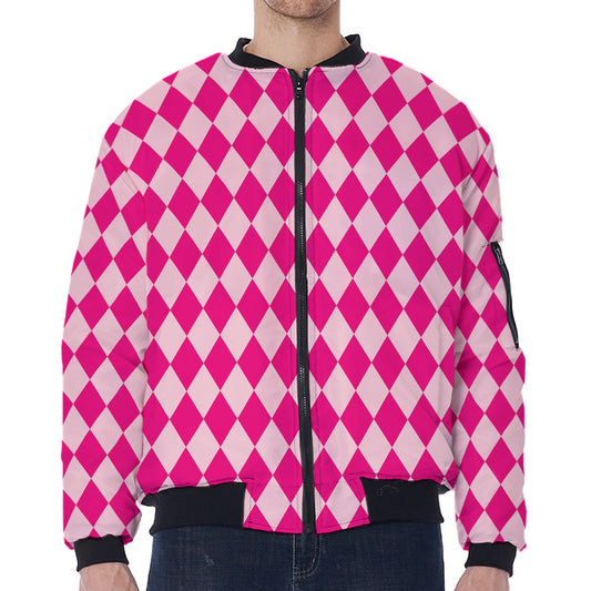 Pink Harlequin Pattern Print Zip Sleeve Bomber Jacket