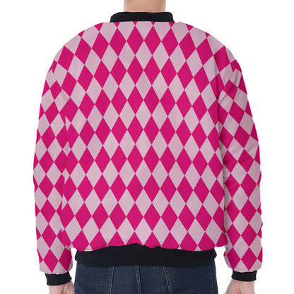 Pink Harlequin Pattern Print Zip Sleeve Bomber Jacket