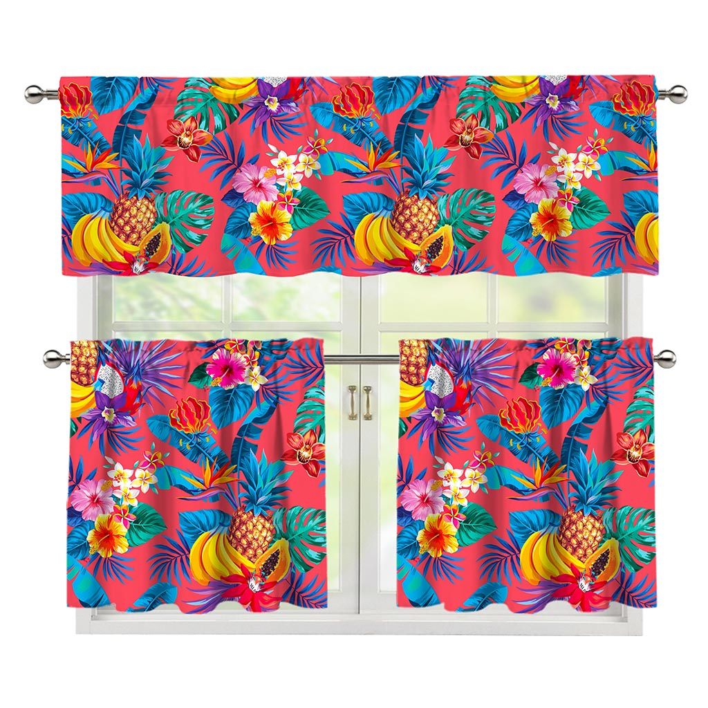 Pink Hawaiian Fruits Pattern Print 3 Piece Kitchen Curtains