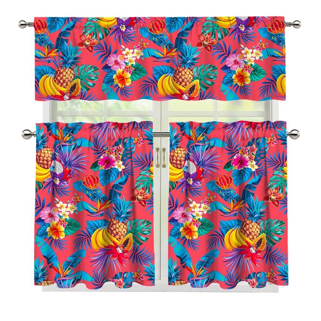 Pink Hawaiian Fruits Pattern Print 3 Piece Kitchen Curtains
