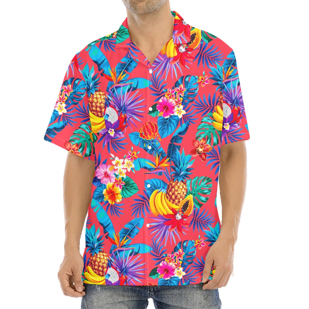 Pink Hawaiian Fruits Pattern Print Aloha Shirt