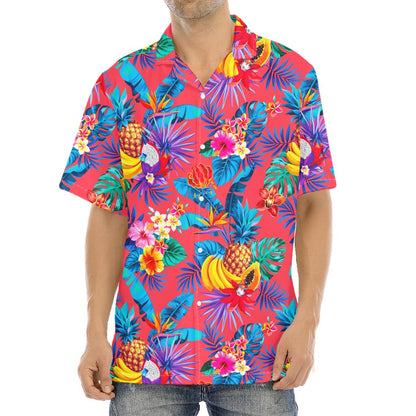 Pink Hawaiian Fruits Pattern Print Aloha Shirt