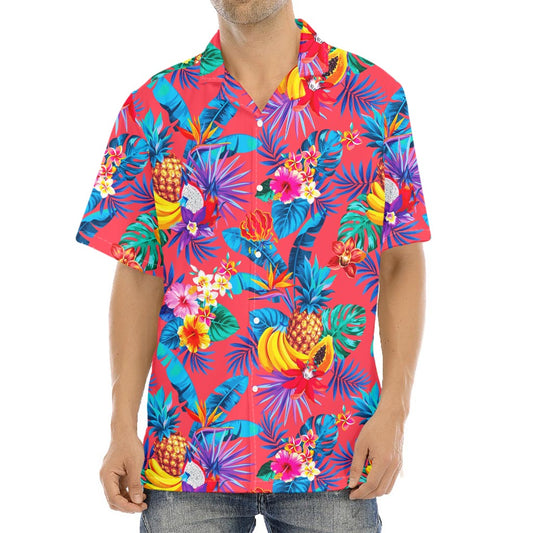 Pink Hawaiian Fruits Pattern Print Aloha Shirt