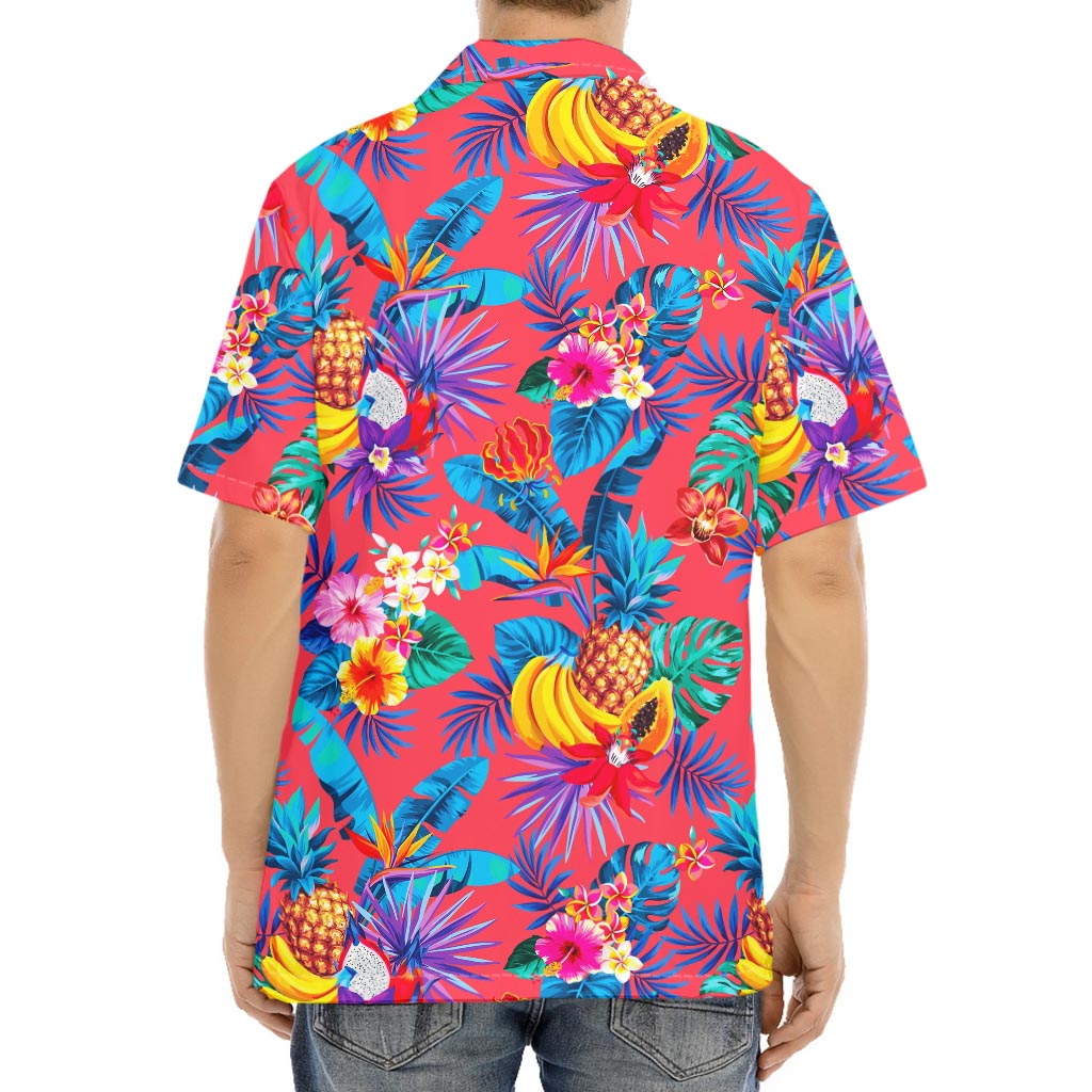 Pink Hawaiian Fruits Pattern Print Aloha Shirt