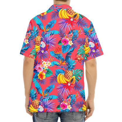 Pink Hawaiian Fruits Pattern Print Aloha Shirt