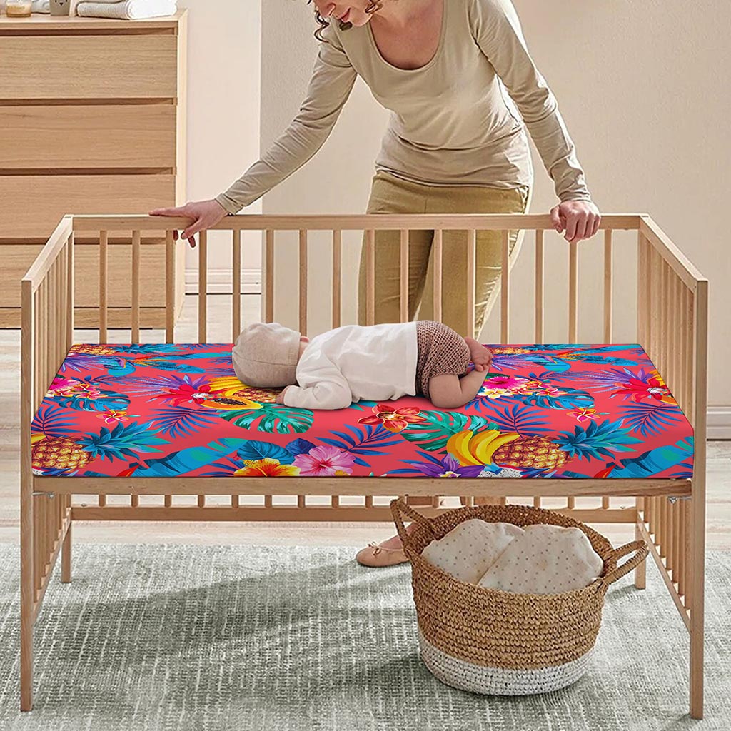 Pink Hawaiian Fruits Pattern Print Baby Crib Sheet