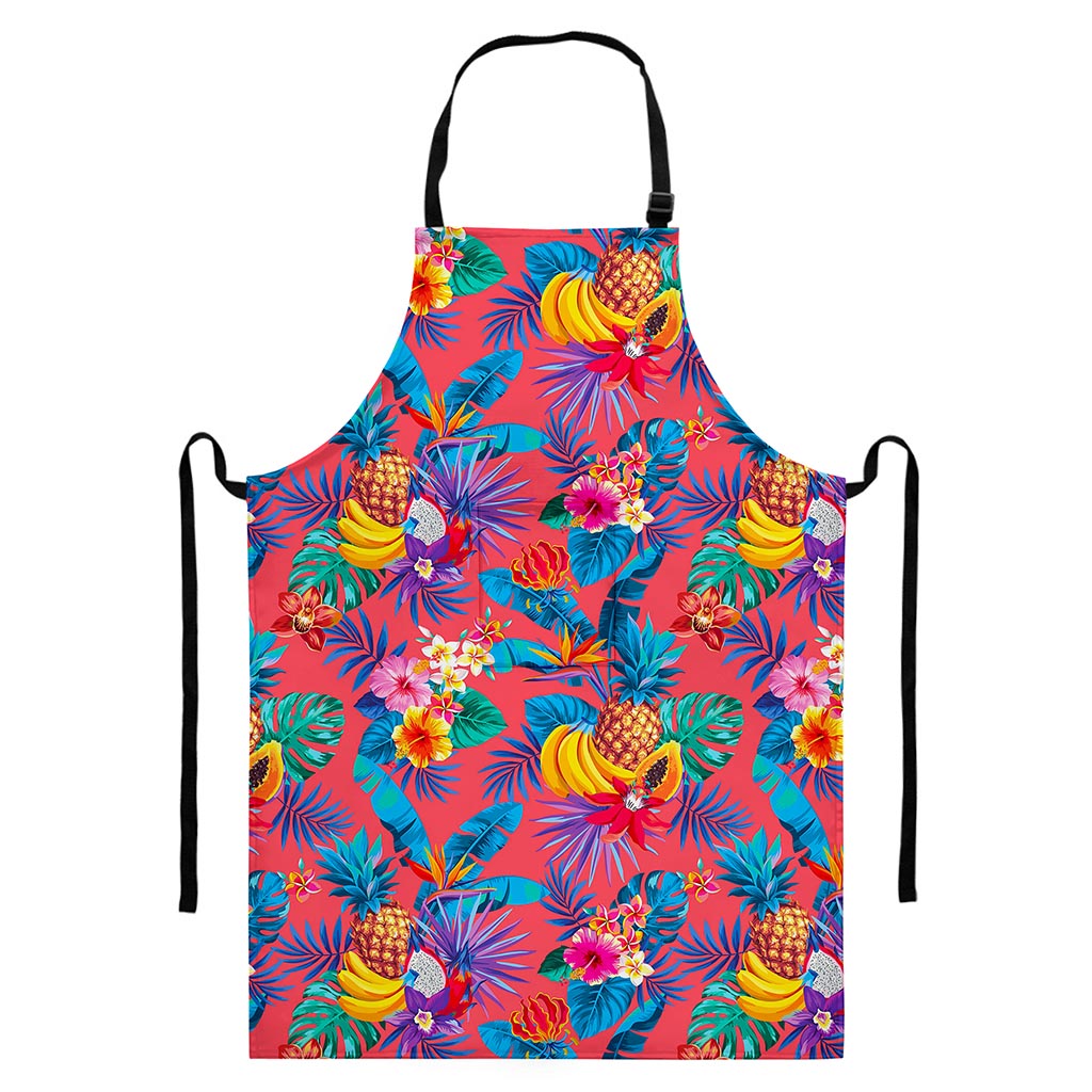 Pink Hawaiian Fruits Pattern Print Bib Apron With Pocket