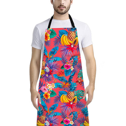 Pink Hawaiian Fruits Pattern Print Bib Apron With Pocket