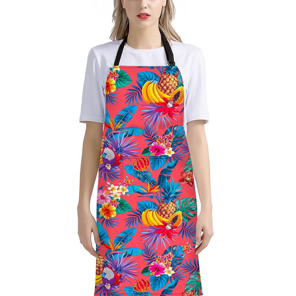 Pink Hawaiian Fruits Pattern Print Bib Apron With Pocket