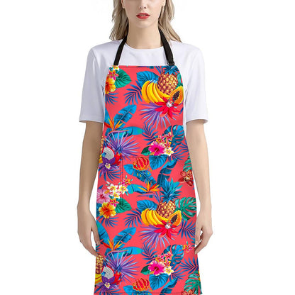 Pink Hawaiian Fruits Pattern Print Bib Apron With Pocket