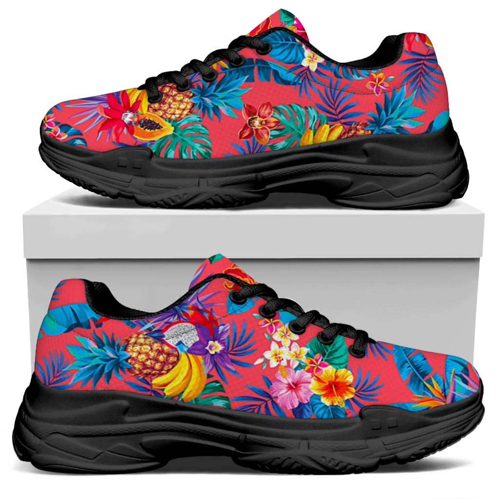 Pink Hawaiian Fruits Pattern Print Black Chunky Shoes
