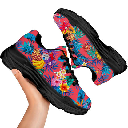 Pink Hawaiian Fruits Pattern Print Black Chunky Shoes