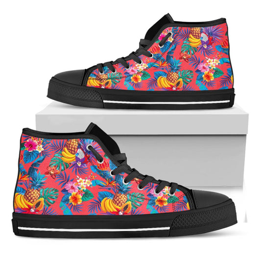 Pink Hawaiian Fruits Pattern Print Black High Top Sneakers