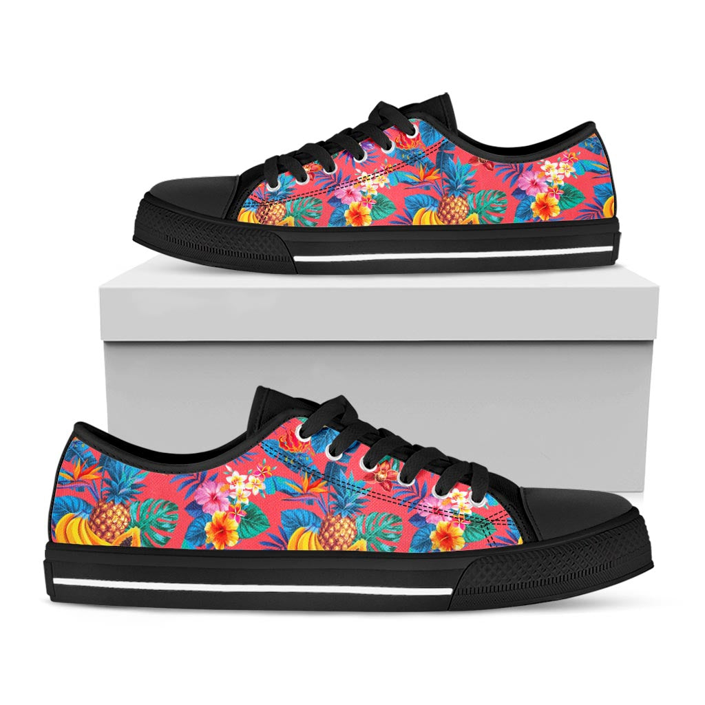 Pink Hawaiian Fruits Pattern Print Black Low Top Sneakers