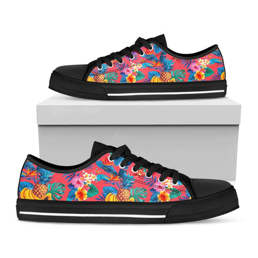 Pink Hawaiian Fruits Pattern Print Black Low Top Sneakers