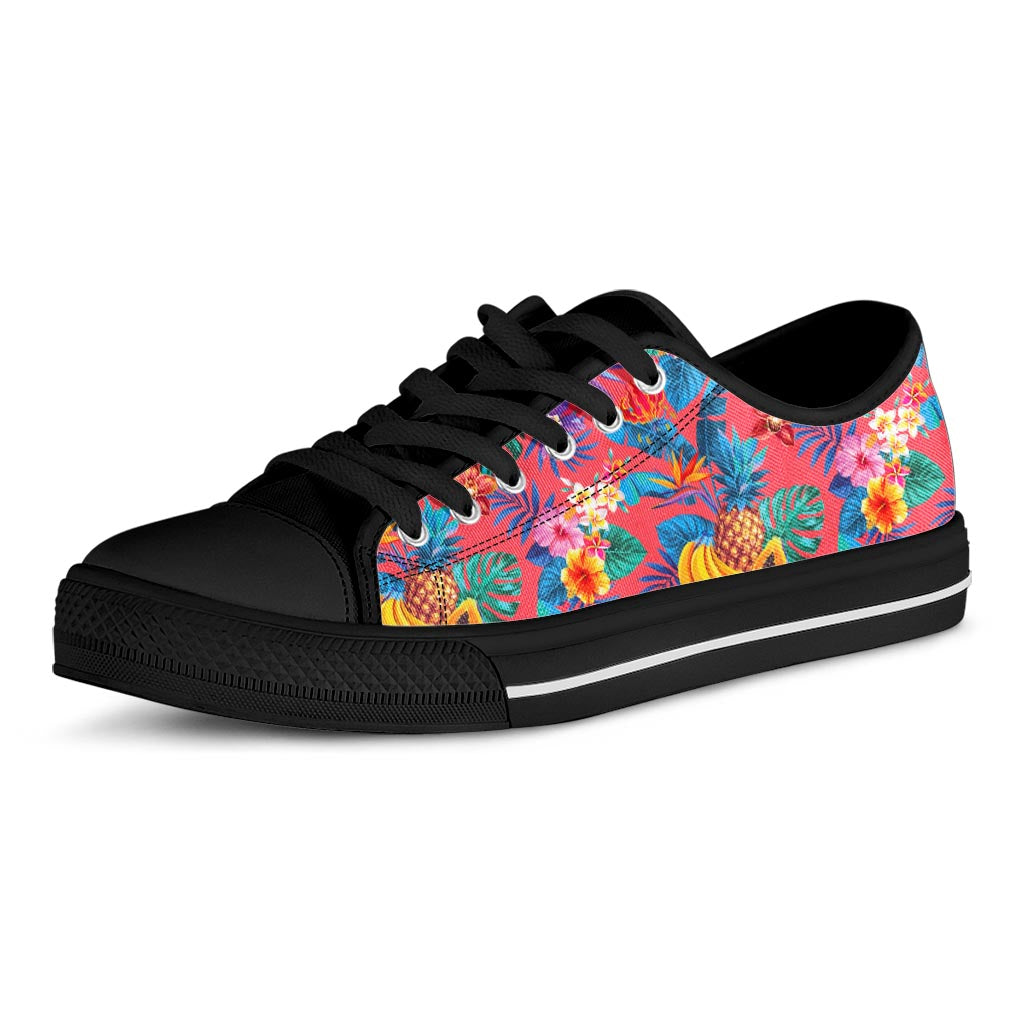 Pink Hawaiian Fruits Pattern Print Black Low Top Sneakers