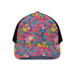 Pink Hawaiian Fruits Pattern Print Black Mesh Trucker Cap