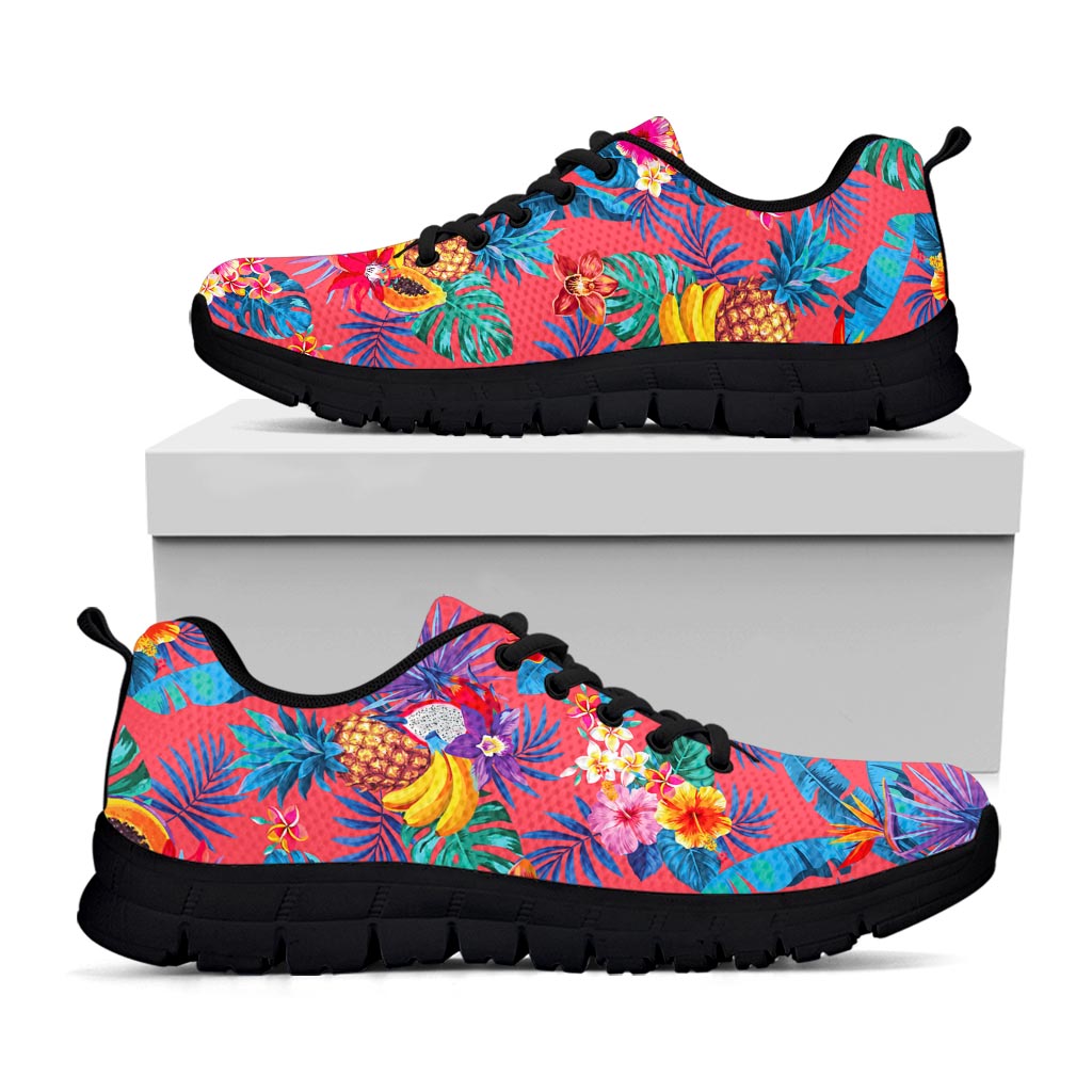 Pink Hawaiian Fruits Pattern Print Black Running Shoes