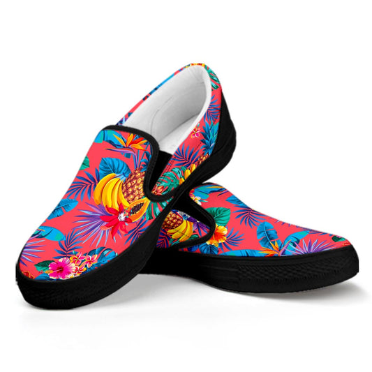 Pink Hawaiian Fruits Pattern Print Black Slip On Sneakers
