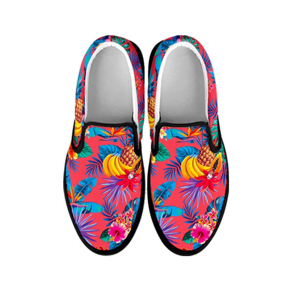 Pink Hawaiian Fruits Pattern Print Black Slip On Sneakers