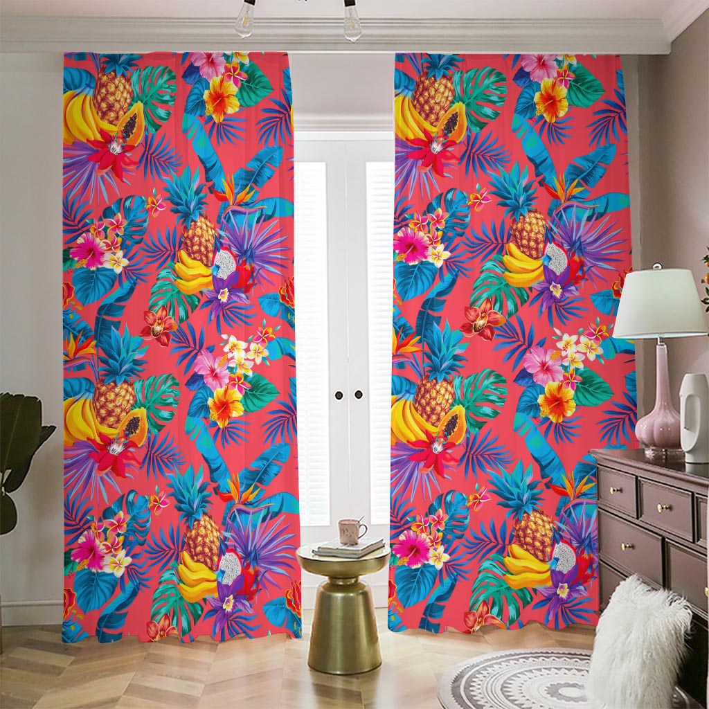 Pink Hawaiian Fruits Pattern Print Blackout Pencil Pleat Curtains