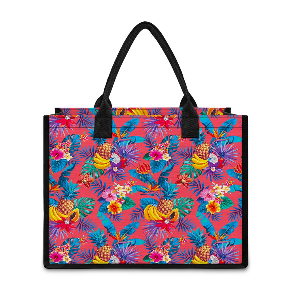 Pink Hawaiian Fruits Pattern Print Canvas Tote Bag