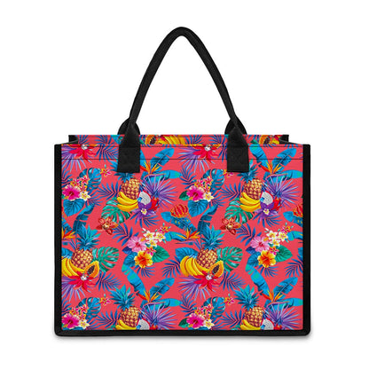 Pink Hawaiian Fruits Pattern Print Canvas Tote Bag