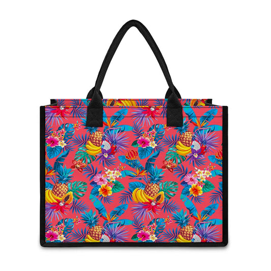 Pink Hawaiian Fruits Pattern Print Canvas Tote Bag
