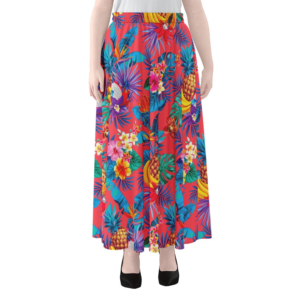 Pink Hawaiian Fruits Pattern Print Chiffon Maxi Skirt