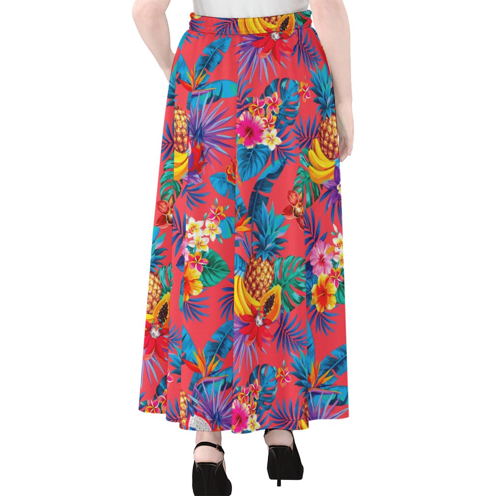 Pink Hawaiian Fruits Pattern Print Chiffon Maxi Skirt