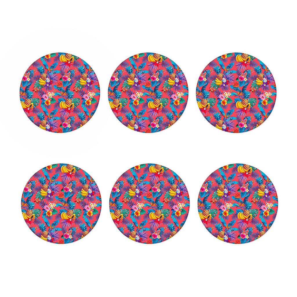 Pink Hawaiian Fruits Pattern Print Coaster Set