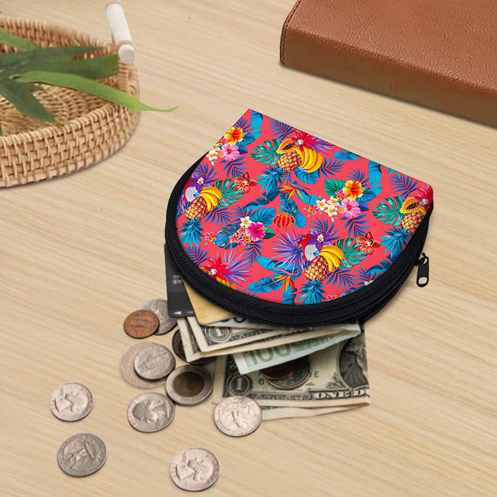 Pink Hawaiian Fruits Pattern Print Coin Purse