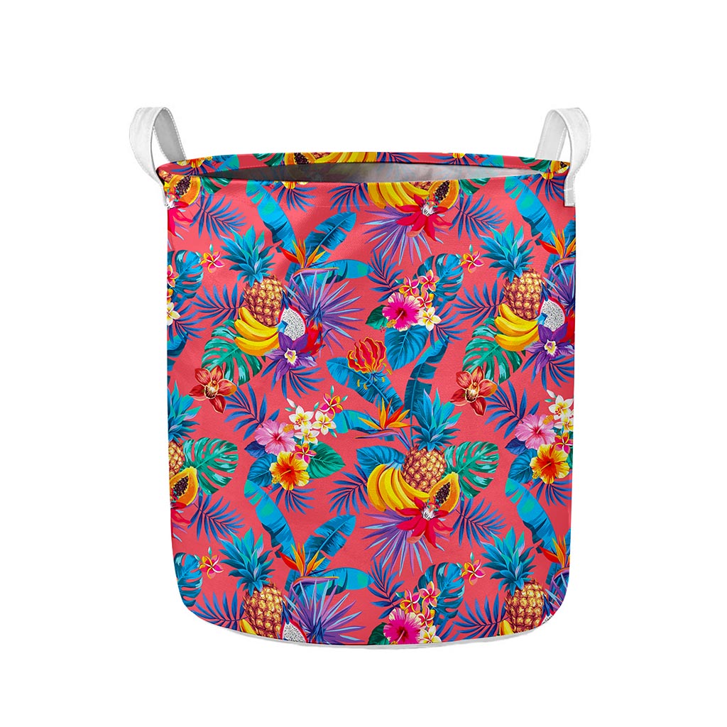 Pink Hawaiian Fruits Pattern Print Collapsible Laundry Basket
