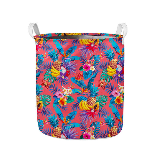 Pink Hawaiian Fruits Pattern Print Collapsible Laundry Basket