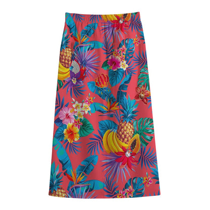 Pink Hawaiian Fruits Pattern Print Cotton Front Slit Maxi Skirt