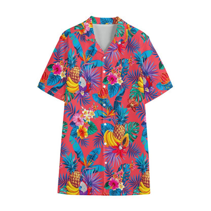 Pink Hawaiian Fruits Pattern Print Cotton Hawaiian Shirt