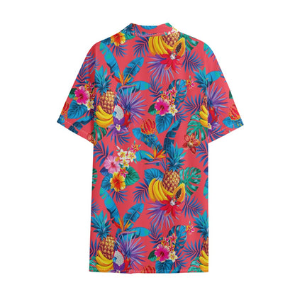 Pink Hawaiian Fruits Pattern Print Cotton Hawaiian Shirt
