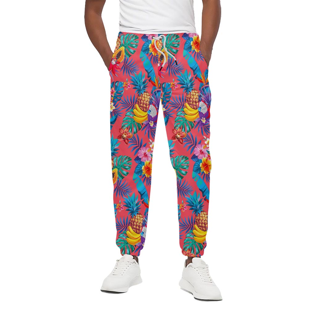 Pink Hawaiian Fruits Pattern Print Cotton Pants