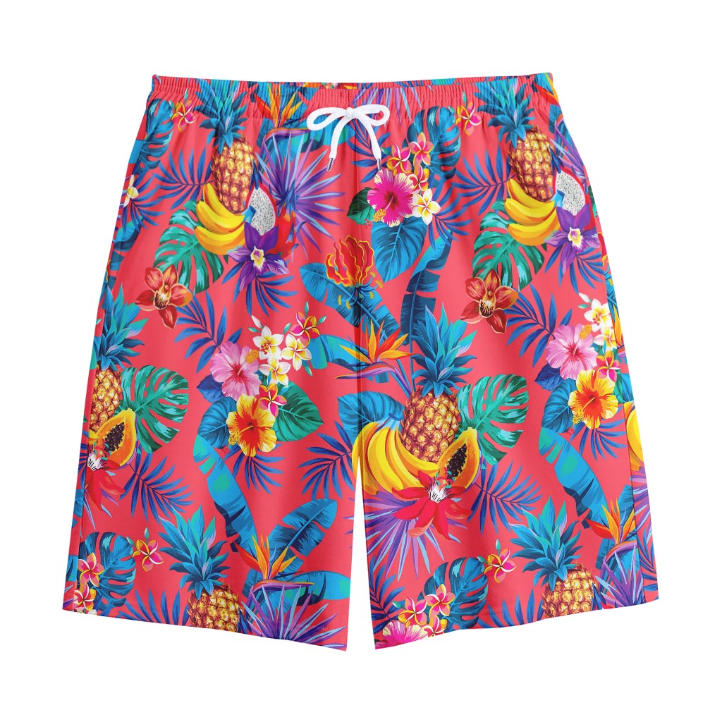 Pink Hawaiian Fruits Pattern Print Cotton Shorts