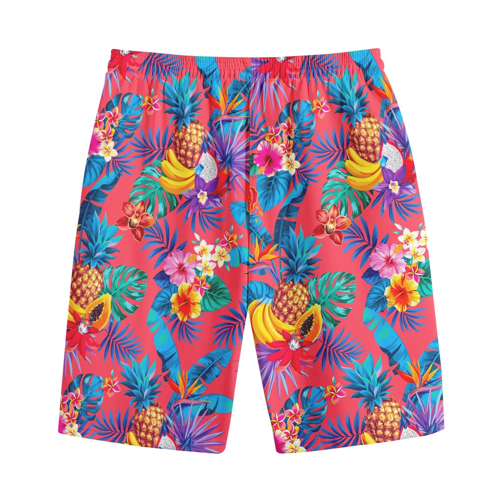 Pink Hawaiian Fruits Pattern Print Cotton Shorts