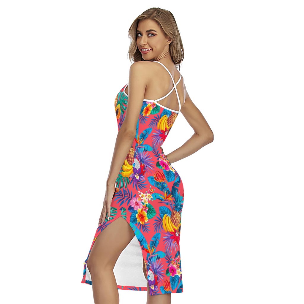 Pink Hawaiian Fruits Pattern Print Cross Back Cami Dress