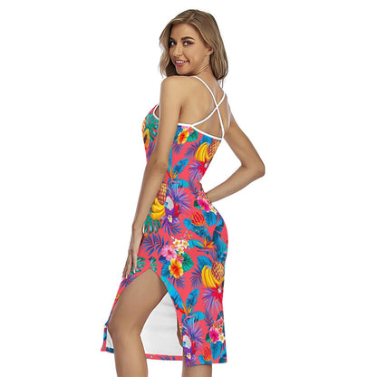 Pink Hawaiian Fruits Pattern Print Cross Back Cami Dress