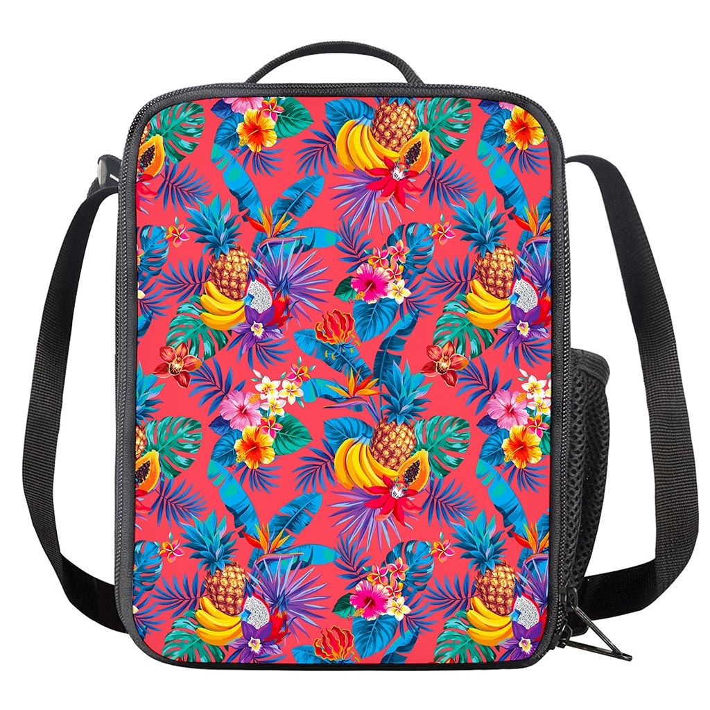 Pink Hawaiian Fruits Pattern Print Crossbody Lunch Bag