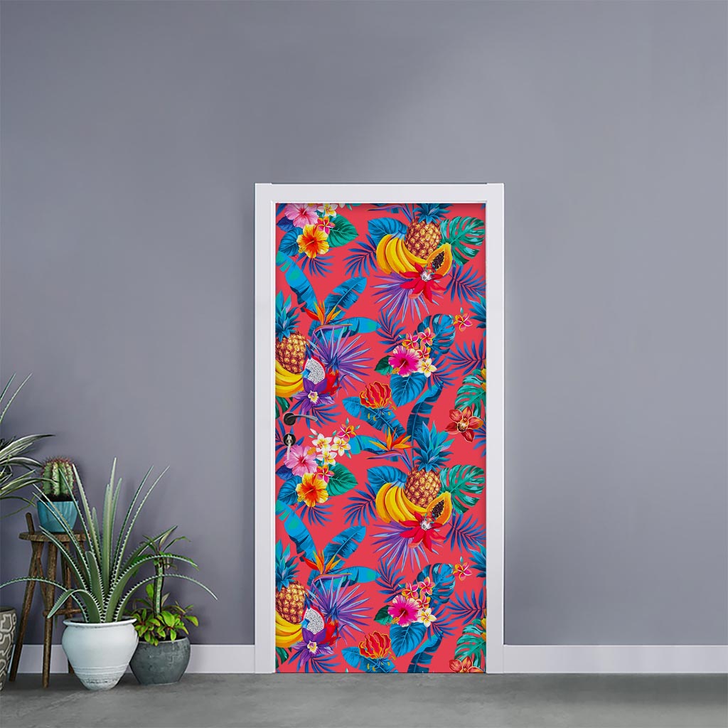 Pink Hawaiian Fruits Pattern Print Door Sticker